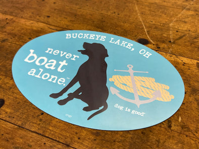 Blue Oval-Shaped Magnet Featuring "Never Boat Alone" Sentiment with Dog and Anchor with Rope Design
