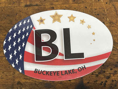 Oval-Shaped Red, White, and Blue Magnet Featuring American Flag Design with "BL Buckeye Lake, OH" Sentiment