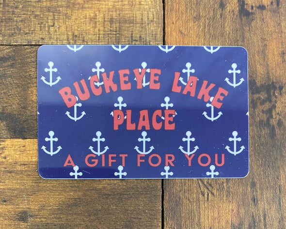 Blue Gift  Card With White Anchor Design and Buckye Lake  Place A Gift For You Phrase