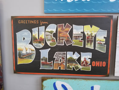 30 Inch Wooden Postcard Featuring "Greeting from Buckeye Lake Ohio" Sentiment with Lake Design Inside the Letters