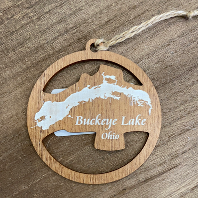Round Wooden Ornament Featuring a White Buckeye Lake  Map and Strap fo Hanging