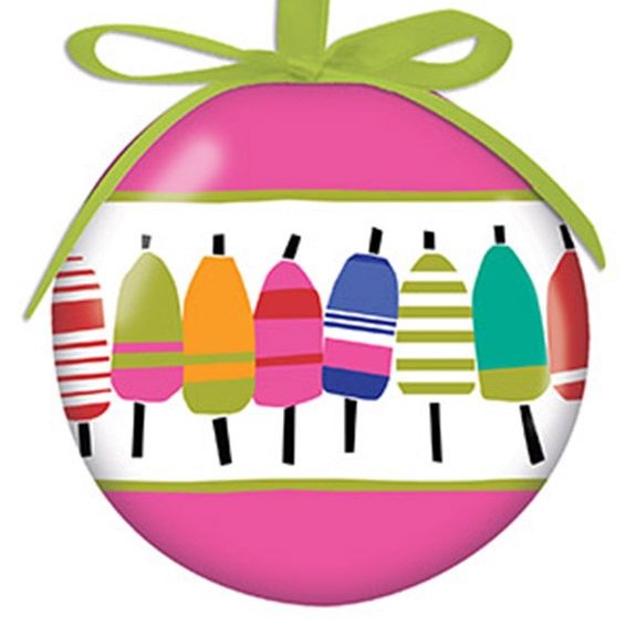 Pink Ball Ornament Featuring Imprinted Colorful Buoys Sentiment with Green Ribbon