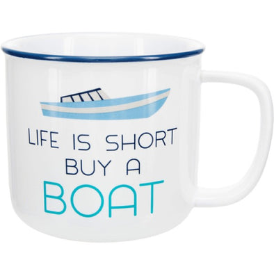 17 Oz White mug Featuring "Life is Short Buy a Boat" Sentiment with Speed Boat Design