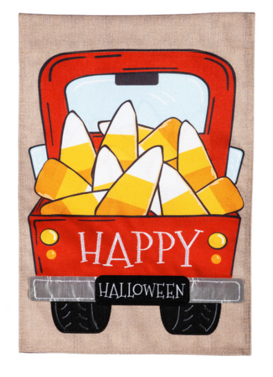 18 Inch Garden Size Burlap Flag With Candy Corn Truck Design and Happy Halloween Phrase