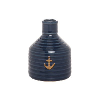 5.25 Inch Ceramic Blue Bud Vase With Imprinted Gold Anchor Design