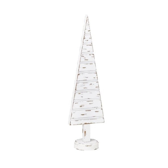 "14 Inch, 17 Inch, and 22 Inch Distressed White Wooden Sitter Featuring Christmas Tree Cutout Design With Wooden Base"