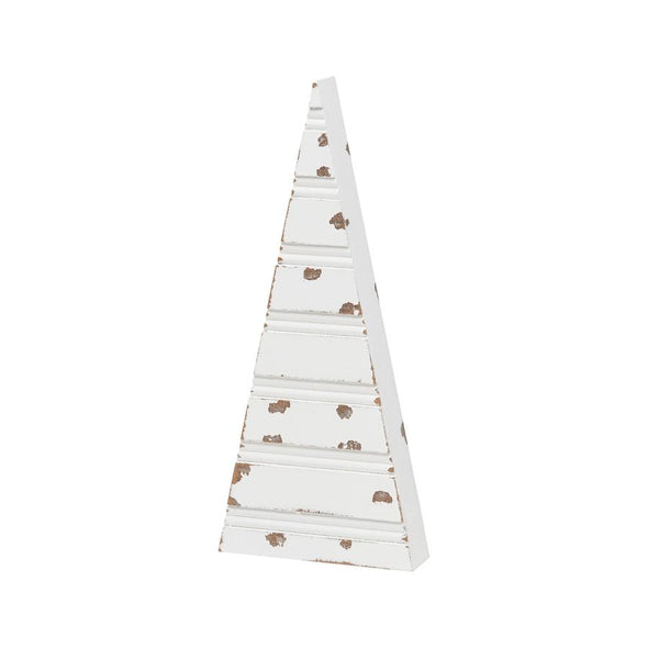 5 Inch, 6 Inch, and 7 Inch Distressed White Wooden Sitter Featuring Christmas Tree Cutout Design