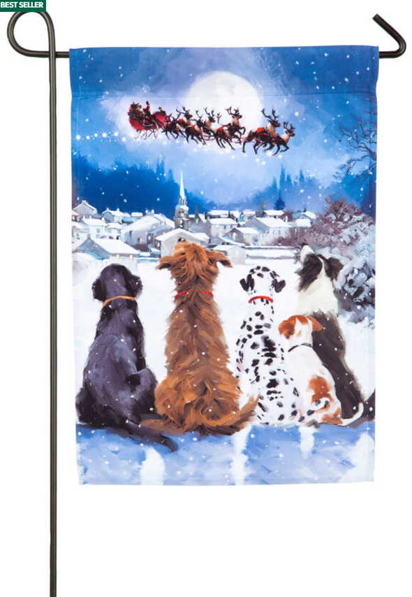 18 Inch Garden Satin Flag With Dogs Watching Santa Clause Together with His Raindeer Fly