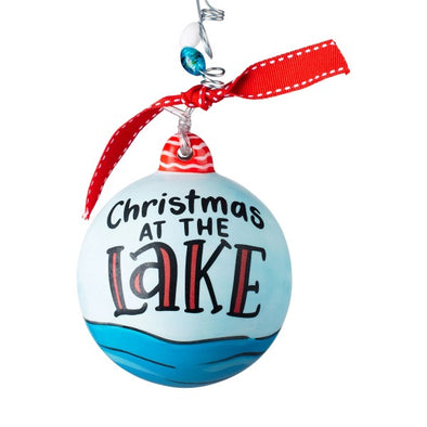 Hand-Painted Ceramic Ornament Featuring "Christmas at the Lake" Sentiment with Reindeer on the White and Red Boat Design