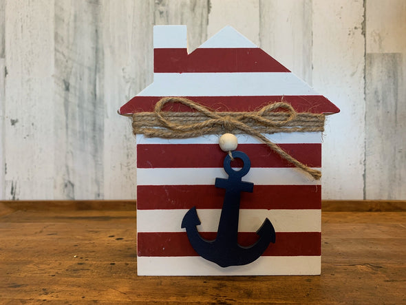 Red and White Stripe House Cutout Home Decor With Navy Anchor Design and Rope Tied Around
