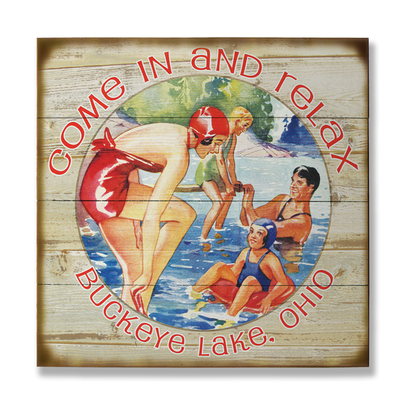 18 Inch Square Wooden Wall Decor Featuring "Come in and Relax Buckeye lake Ohio" Sentiment with Family Swimming on a Lake Design