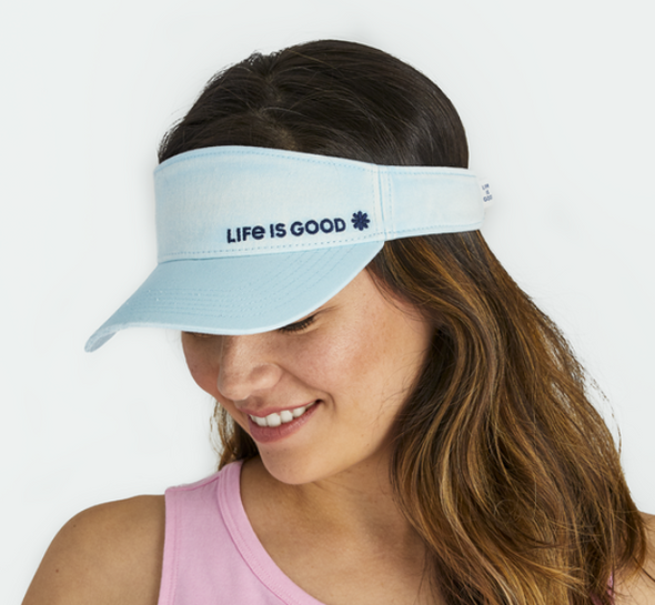 Beach Blue Adjustable Visor Hat With Blue Embroidered Life is Good Phrase at the Front Left