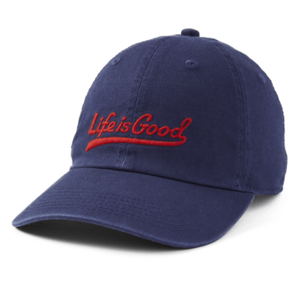 Blue Adjustable Back Closure Cap With Red Embroidered Life is Good Phrase