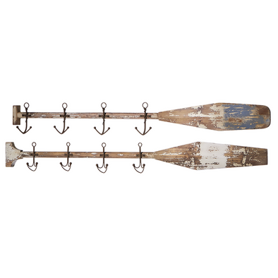 47.25 Inch Distressed White and Blue Wooden Oar Wall Decor With Anchor Designed Hook