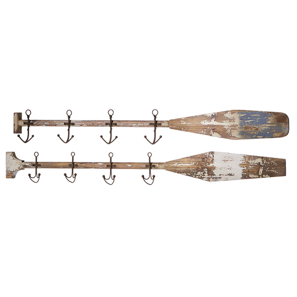 47.25 Inch Distressed White and Blue Wooden Oar Wall Decor With Anchor Designed Hook