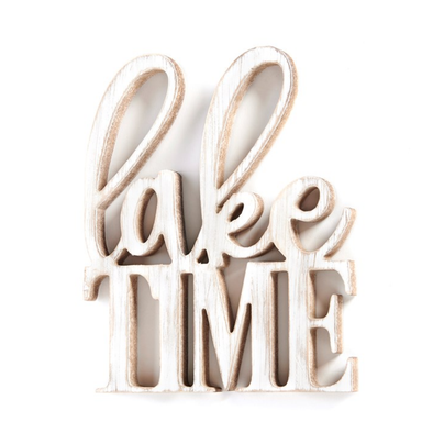 8Inch Distressed Cream Wall Sign With The Words "Lake Time" in a weathered font
