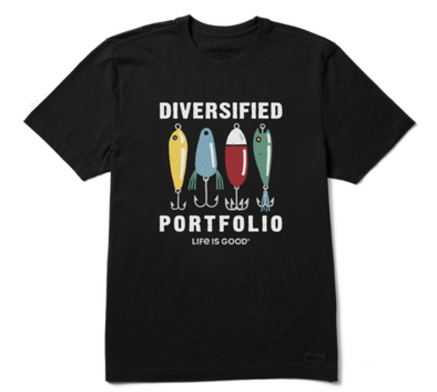 Classic Fit Black Crew Neck Crusher Tee With Imprinted Fishing Bait Design and Diversified Portfolio Phrase