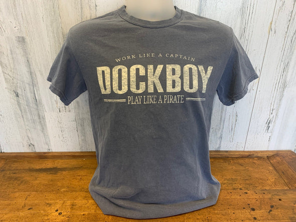 Gray Round Nec Tee With Imprinted Work Like a Captain Play Like a Pirate Dockboy Phrase