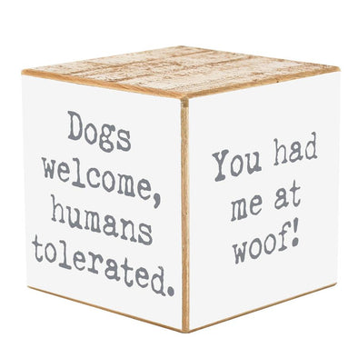 4 Inch White and Brown Cube Box Sign With Dog Sayings Each Side