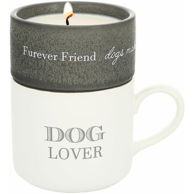 1.5 Inch Tall Gray Speckled Stoneware Candle Featuring "Furever Friend" Sentiment and 10.8 Oz Mug Featuring "Dog Lover" Sentiment