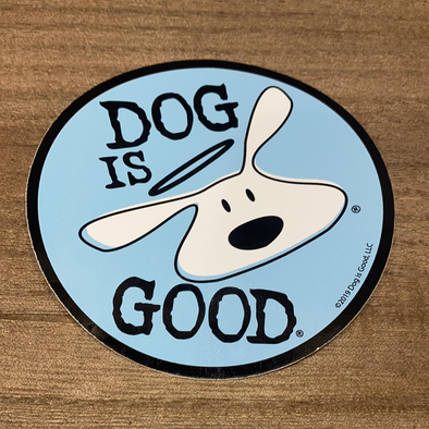 Blue Vinyl Sticker With White Dog with Halo Design and Dog is Good Phrase