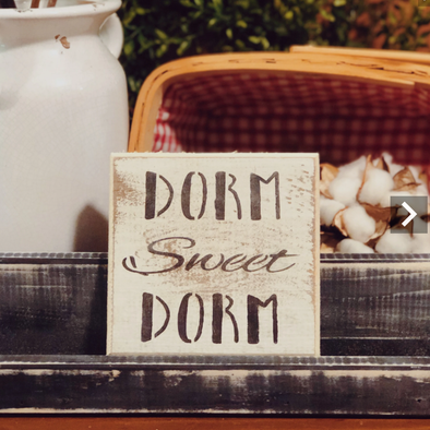 6 Inch Distressed White Wood Tiles Featuring "Dorm Sweet Dorm" Sentiment