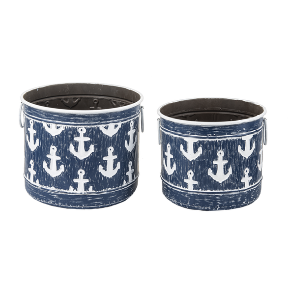 9.25 Inch and 8 Inch Height Navy Blue Planter Featuring Embossed Anchor Design