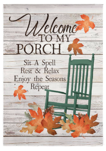 18 Inch Grey Garden Linen Flag With Green Chair and Maple Leaves Design Welcom to my Porch Phrase