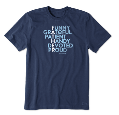 "Classic Fit Darkest Blue Crew Neck Crusher Tee With Imprinted Funny Grateful Patient Handy Devoted Proud Phrase"