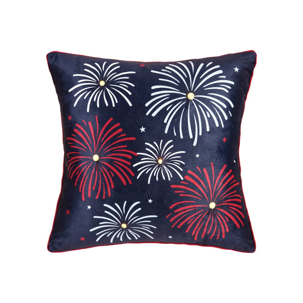 18 Inch Navy Square Pillow Featuring LED Lights and Fireworks Design