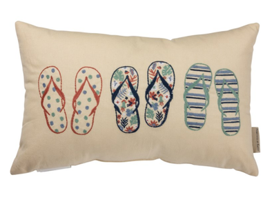 "19 Inch Rectangular Cotton-Linen Blend Pillow Features Embroidered Flip Flop Designs with Polka Dot, Floral, and Stripe Elements"
