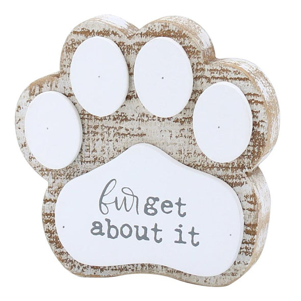 3.5 Inch Distressed White Wooden Block In Dog Print Cutout Design Featuring "Furgit About It" Sentiment