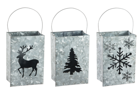 Diecut Galvanized Metal Lantern, 3 Asst, Deer/Snowflake/Tree