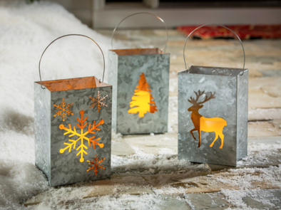 9 Inch Galvanized Metal Lantern With Holiday Diecut Designs In Silver Finish 