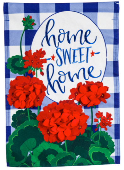 Blue Garden Linen Flag With Geranium Leaves and Flowers with a Home Sweet Home Phrase