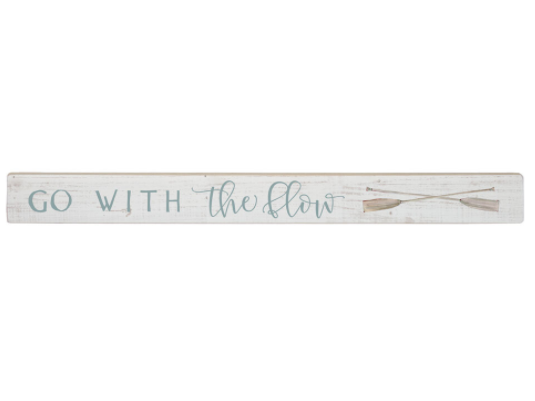 "16 Inch Long Distressed White Wooden Sitter Featuring ""Go with the Flow"" Sentiment and Crossed Paddle Design"