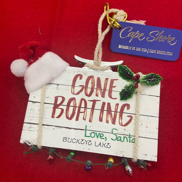 "Christmas Hanging Ornament Featuring ""Gone Boating Love, Santa"" Sentiment with Santa Hat and String Christmas Light Hanger Design"