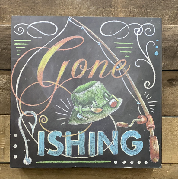 12 Inch Black Box Sign Featuring a Hat and a Fiching Rod Design and "Gone Fishing" Phrase