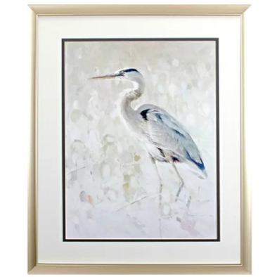 32 Inch White Wooden Framed Canvas Wall Art Featuring Blue Heron Design