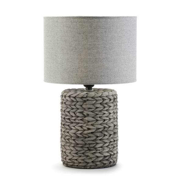 11Inch Grey Table Lamp Featuring A Linen Shade And A Unique Rope-Textured Concrete Base