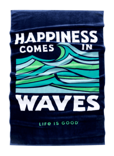 Darkest Blue Beach Towel With Imprinted Waves Design and Happiness Comes in Waves Phrase