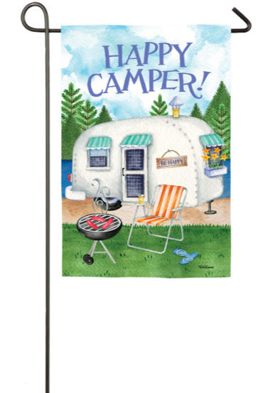 18 Inch Garden Suede Flag With Camper Design and Happy Camper Phrase