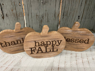Natural Wood Pumpkin Cutout Sitter Featuring "Happy Fall" Sentiment