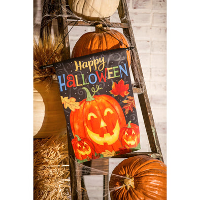 18 Inch Garden Suede Flag With Three Smiling Lit Pumpkin and Coloful Happy Halloween Phrase
