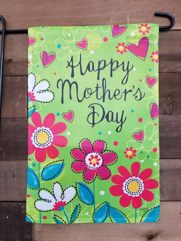 Green Garden Flag Wth Colorful Flowers and Pink Hearts Design and Happy Mother's Day Phrase