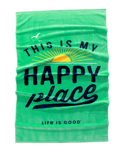 Green Beach Towel With Imprinted Sun and This is My Happy Place Phrase