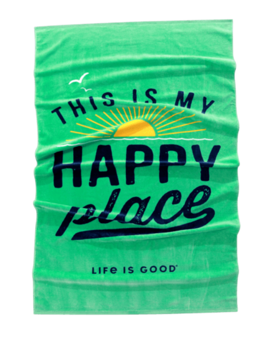 Green Beach Towel With Imprinted Sun and This is My Happy Place Phrase