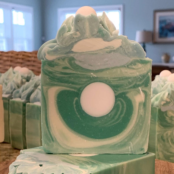 4.5 Ounce White and Green Hand Cut Bar Soap With a Golf Ball on the Top