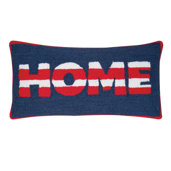 24 Inch Long Red, White, and Blue Hooked Pillow Featuring "Home" Sentiment in Red and White Stripe