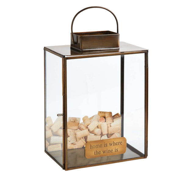 Home Is Where The Wine Is Brass-Trimmed Glass Lantern Style Cork Collector With Engraved Sayings